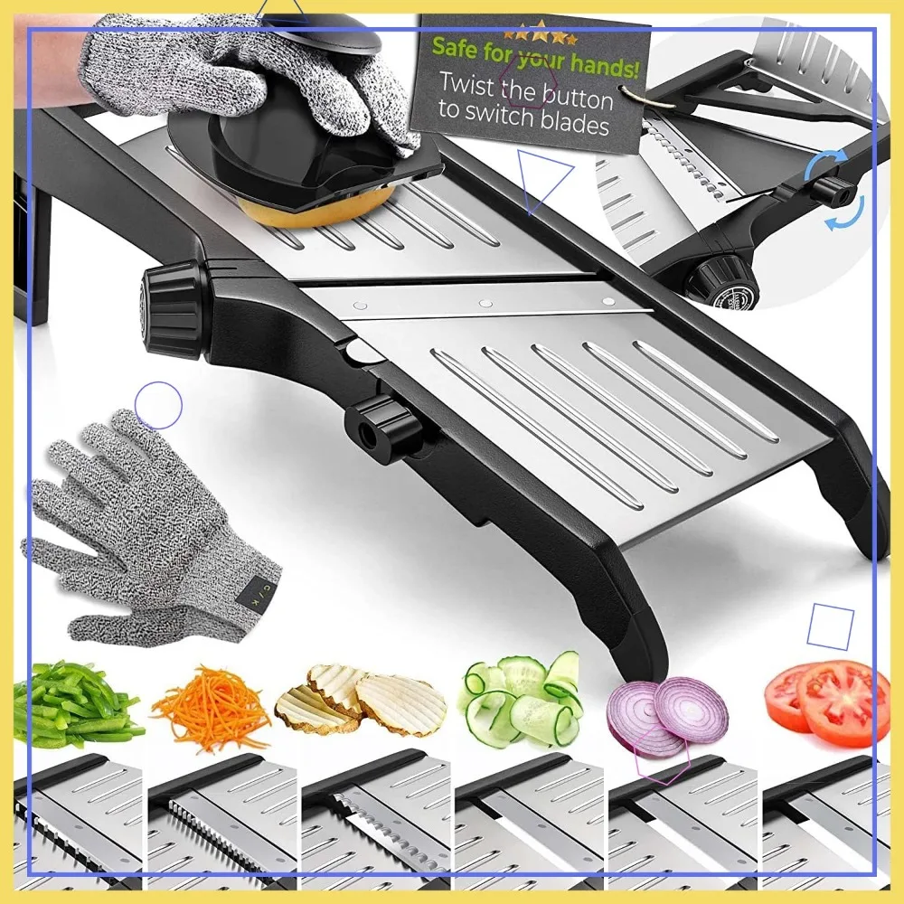 

Adjustable Mandoline Slicer with Safety Gloves - Kitchen Vegetable Cutter for Potato, Cucumber & Waffle Fries