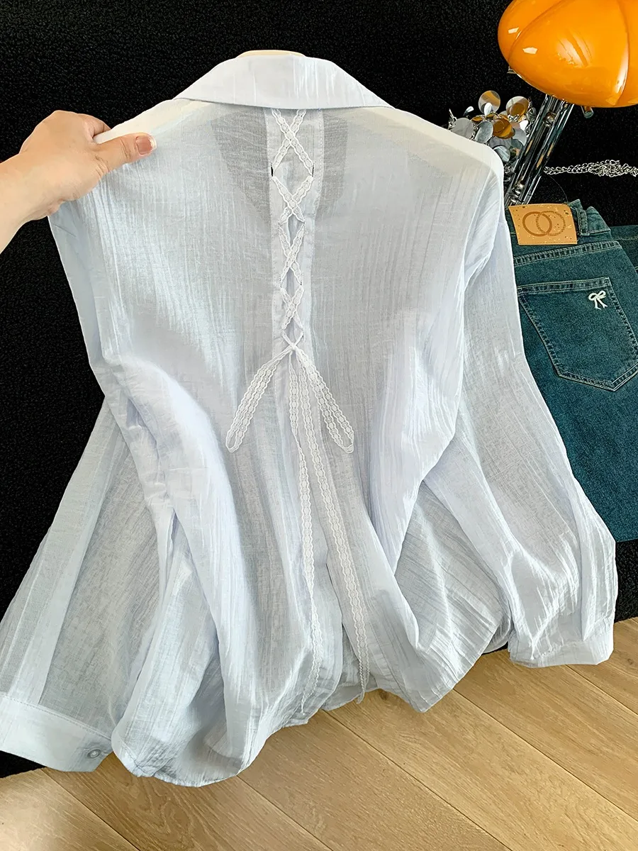 

Lace-Up Asymmetrical Hem Sun Protection Shirt Women Summer Thin Outerwear Cardigan Lazy Silk Linen Top Korean Style Commute