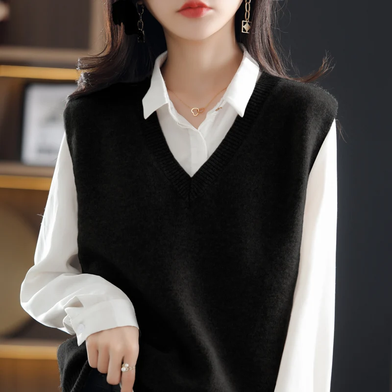 Autumn and winter 2024 wool knitted waistcoat ladies wear v-neck pullover sleeveless sweater vest baggy sizes