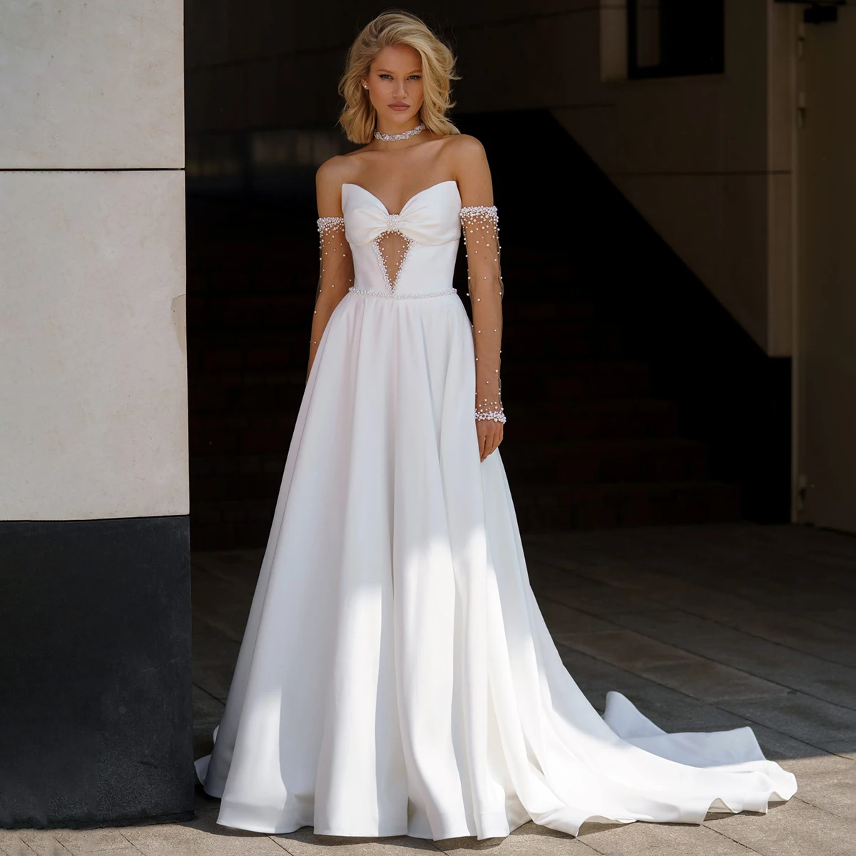 

Classic Satin Beaded Wedding Dresses With Bow Long Ball Gown For Bride A Line Bridal Party Gown With Train Vestidos novia