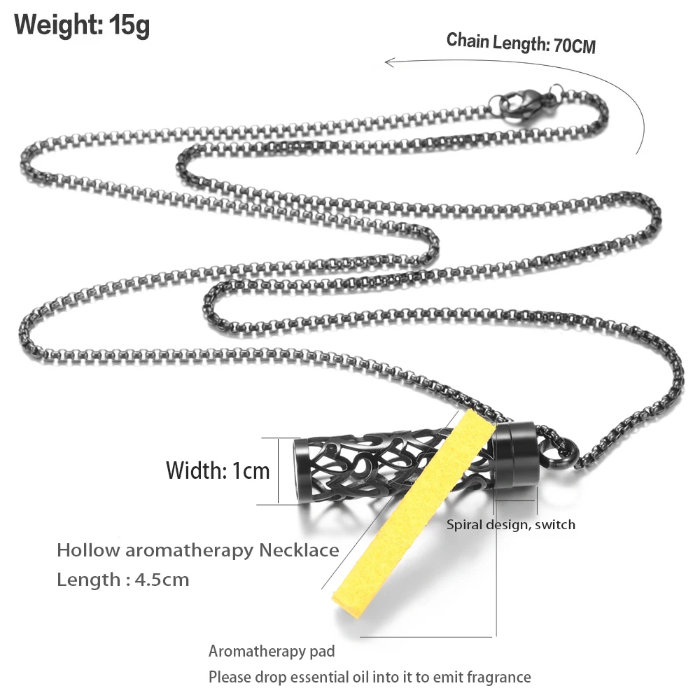 Black Cylindrical Stainless Steel Aromatherapy Necklace Spiral Open Women Essential Oil Perfume Diffuser Lockets Pendant Jewelry