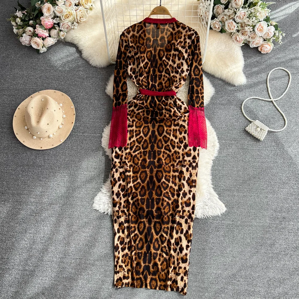 New Fashion Autumn Women Dress Elegant Leopard Print V Neck Long Sleeve Sash Bow Tied High Split A Line Long Vintage Party Dress