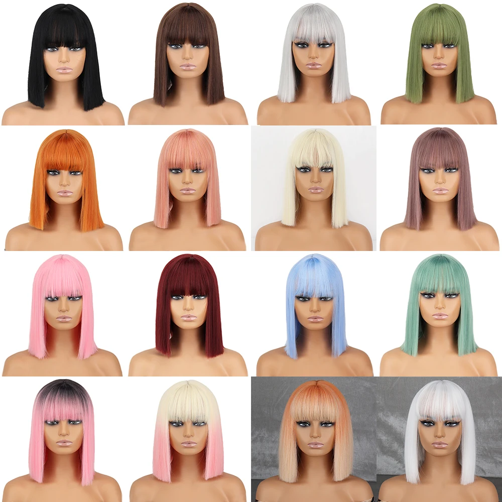 Short Bob Wig With Bangs Synthetic Wigs For Women Red Black Pink Blue Orange Heat Resistant Lolita Cosplay Party Hair