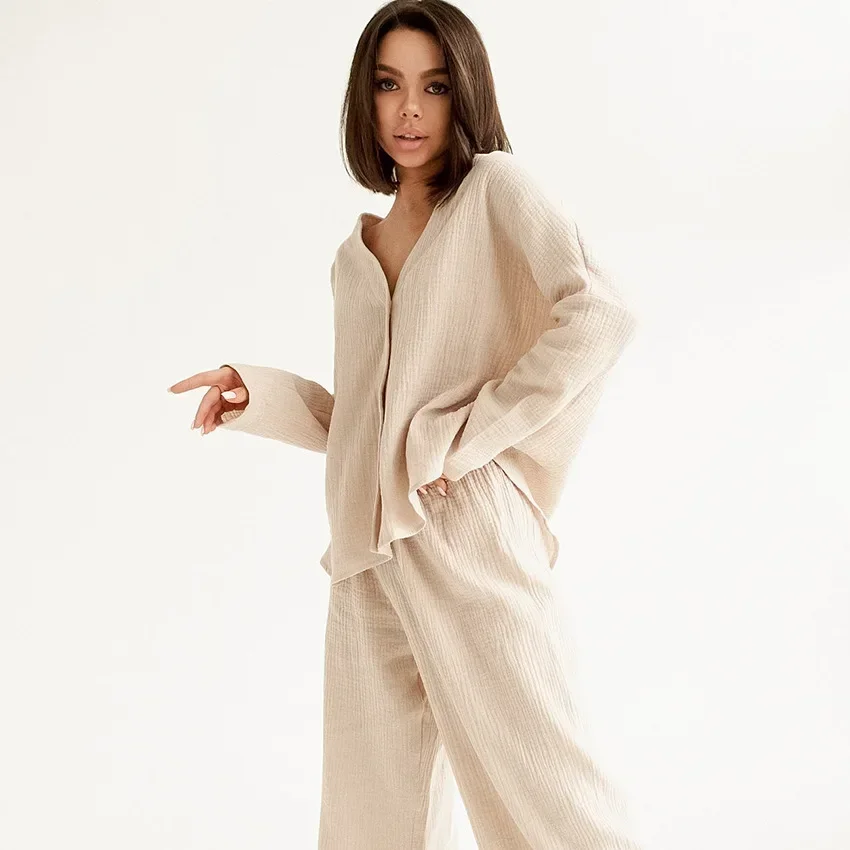 Summer New Double Layer Crepe V-Neck French Loose and Comfortable Long sleeved Pajamas Women's Cotton and Hemp Home Fury Set