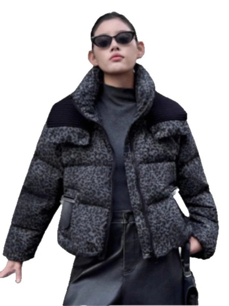 Fashion Y2k Leopard Contrast Down Jacket 2025 Winter New Fashion Brand Women Short Coat Thicken Warm 90% White Duck Puffer Coat