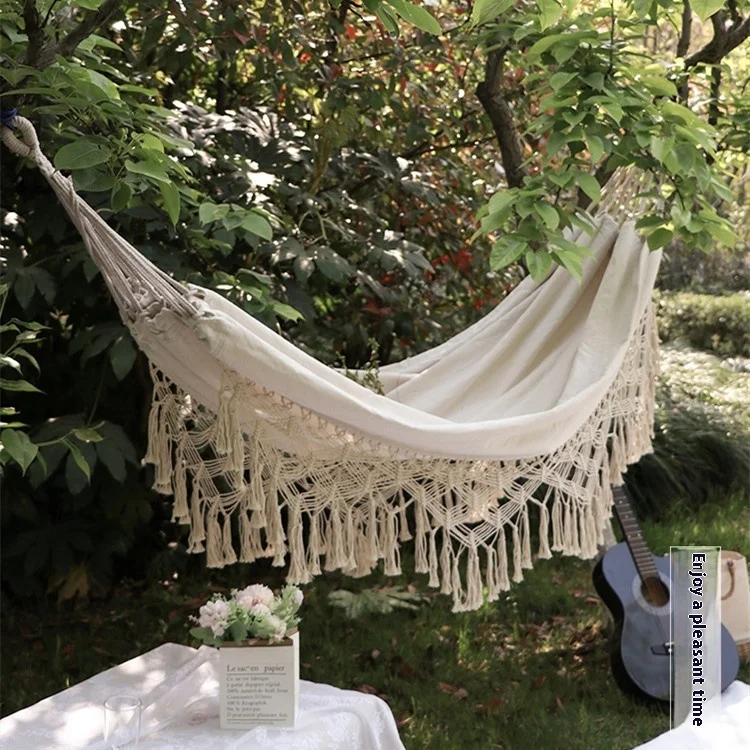 Single or Double Tassel Hammock with Swing Feature Indoor or Outdoor Use Made of Cotton Canvas Rope for Home Travel Camping