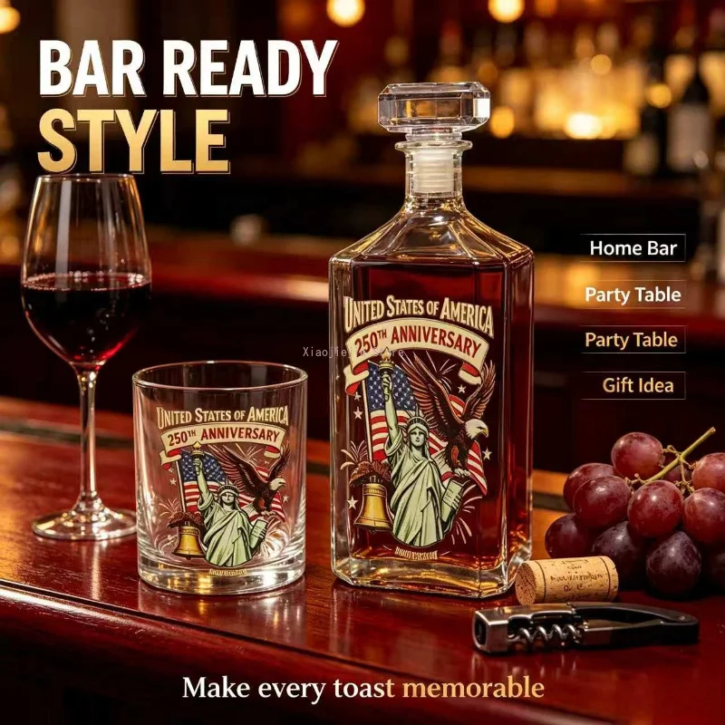 Patriotic Pattern Whiskey Decanter Set, Lead-free Glass Liquor Bottle & Tumbler Cup, Home Bar Bourbon Wine Serving Gift for Men