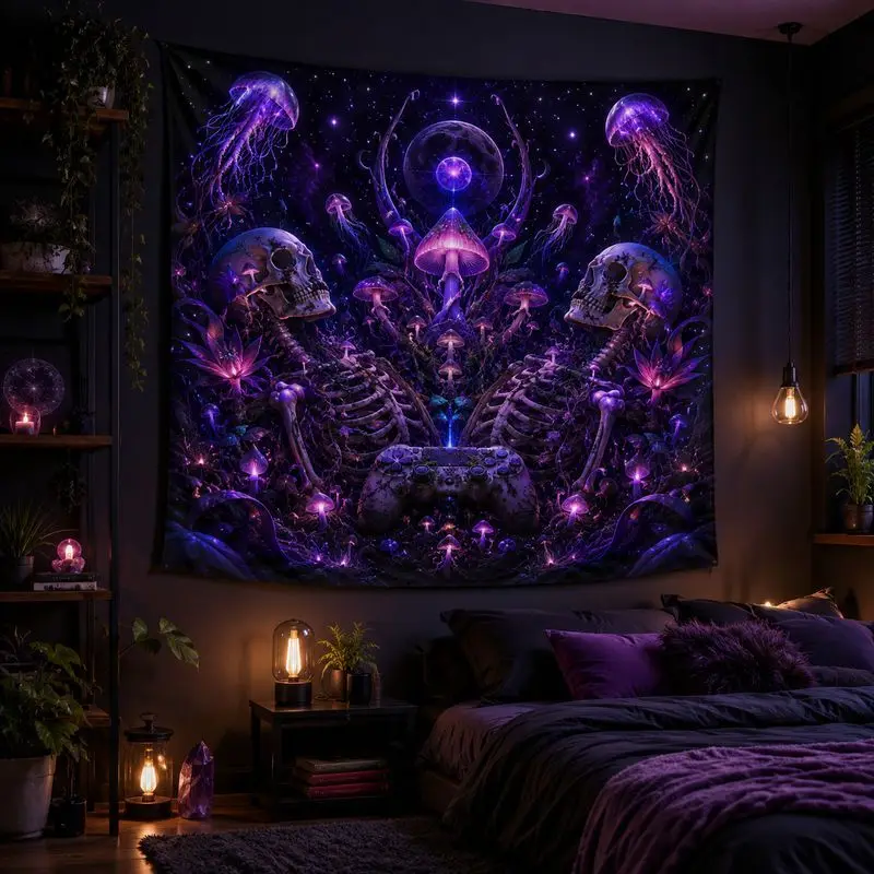 Skeleton Guitar Blacklight Tapestry Neon Galaxy Wall Hanging Psychedelic Party Bedroom Decor