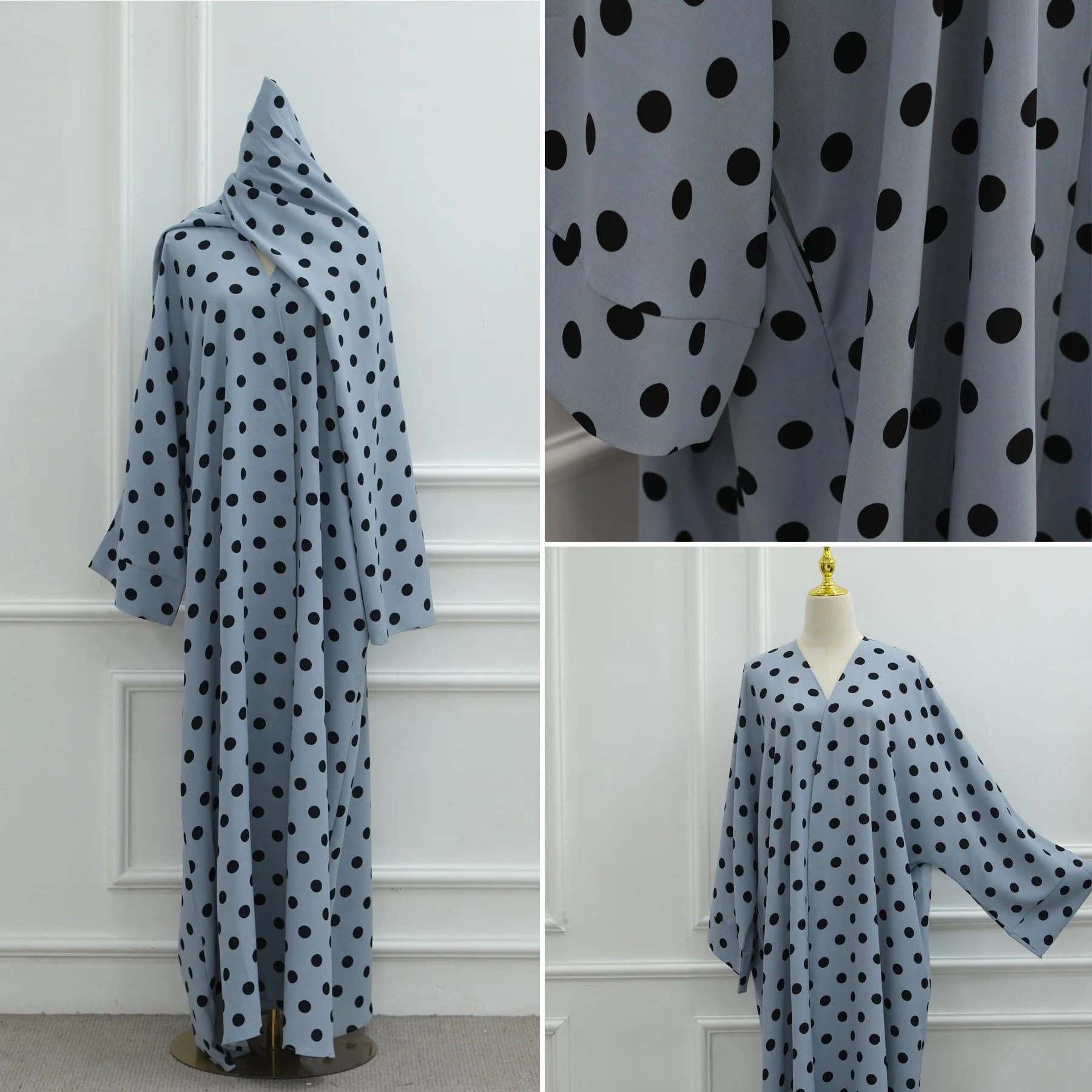 البولكا نقطة يطبع الحجاب الزي طفيف Batwing الأكمام جيوب جانبية عباية + وشاح شال، رمضان المرأة المسلمة الملابس الإسلامية