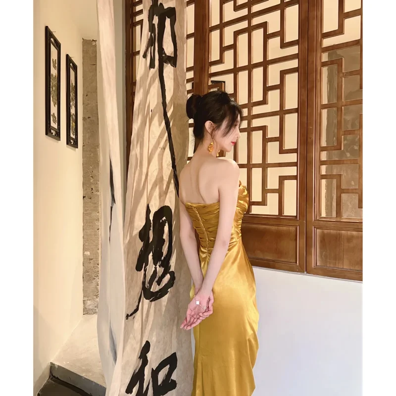 Summer Golden Dress Wome Straps Dress Sleeveless Sexy Korean Fashion Swinging Collar Suspender Satin Slit Mid-length Skirt Dress