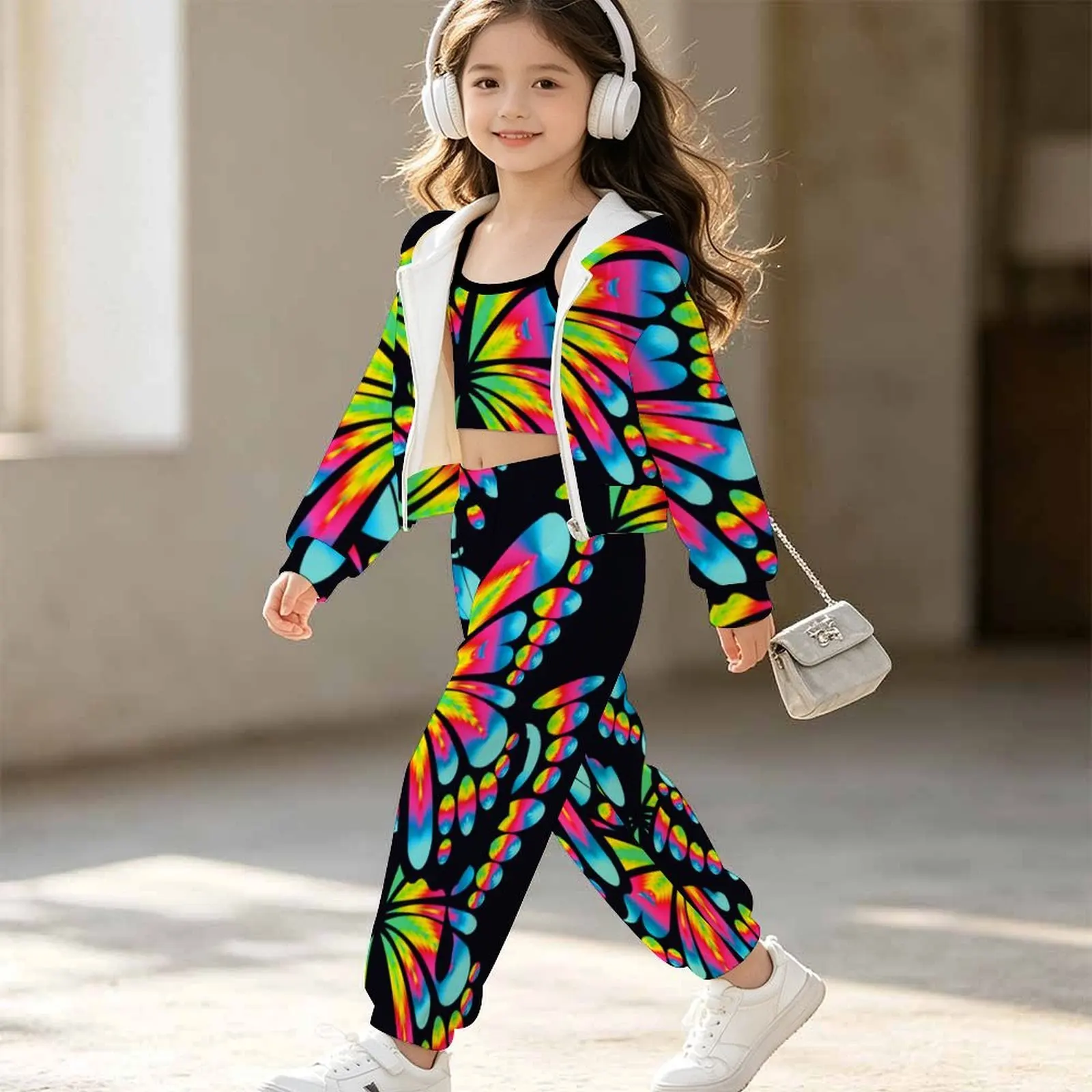 Jogging Pants Children's Printed Three-Piece Set Autumn Girls Yoga Pants Fashion Vest Winter Zipper Hoodie Long Sleeve Coat 3