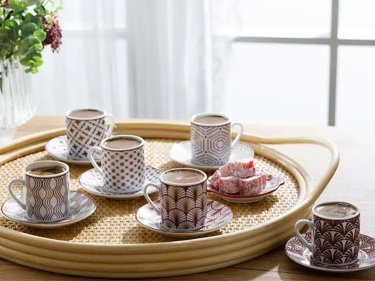 

LaModaHome Espresso Coffee Cups with Saucers Danny Porcelain 12 Pieces Coffee Cup 80 ml Burgundy Turkish Arabic Greek Cup