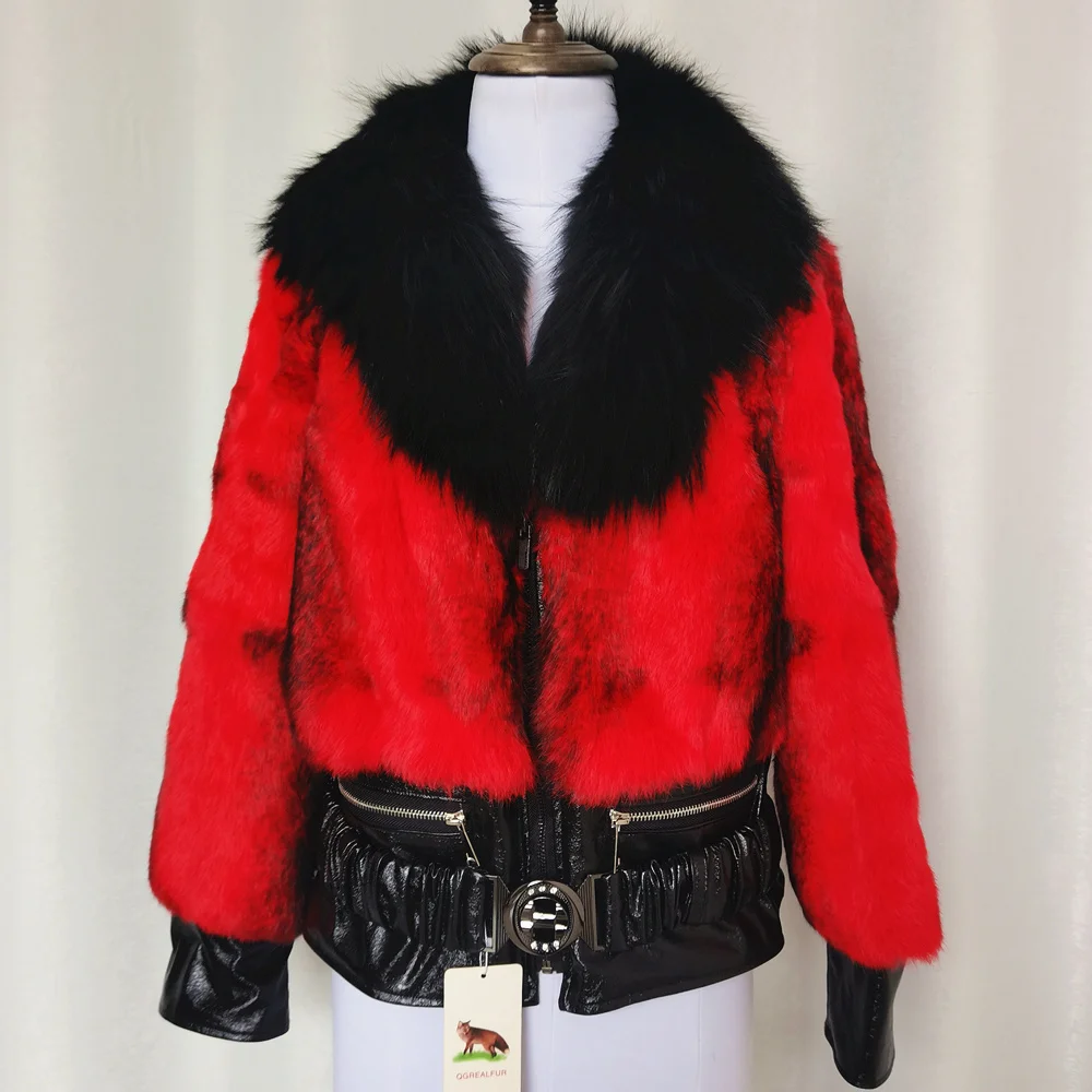 leather jacket Cross stripe Sexy women's wear Angora rabbit fur female fur coat Zipper short style fashion classic Real fur