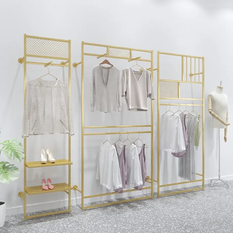 

Элитная золотая простая настенная вешалка-стеллаж для демонстрации одежды в магазине, настенная полка для женской одежды