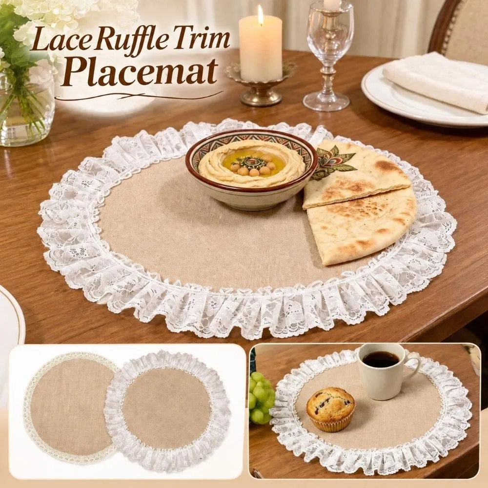 New Lace Trim Jute Placemat Round Rustic Style Table Mat Ruffle Edge Coaster Kitchen Dining