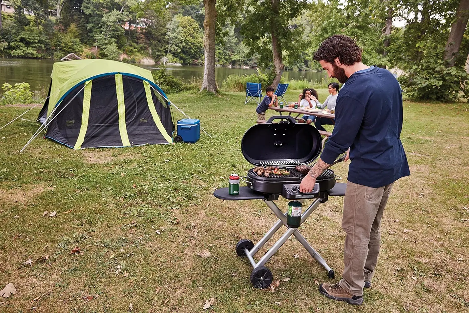 Coleman RoadTrip 285 Portable Stand-Up Propane Grill, Gas Grill with 3 Adjustable Burners & Instastart Push-Button Ignition; Gre