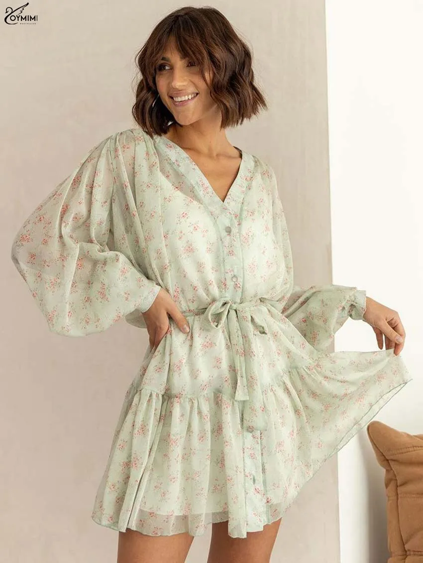 

Oymimi Fashion Green Print Women's Dress Elegant V-Neck Long Sleeve Button Dresses Autumn New Lace-Up Pleated Mini Dress Female