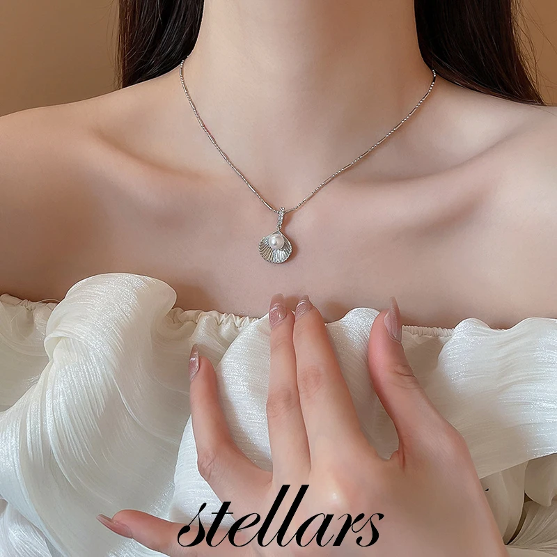 

Sweet Cool Girl Stylish Shell Pearl Pendant Necklace - Unique Design Minimalist Collarbone Chain Women's jewelry