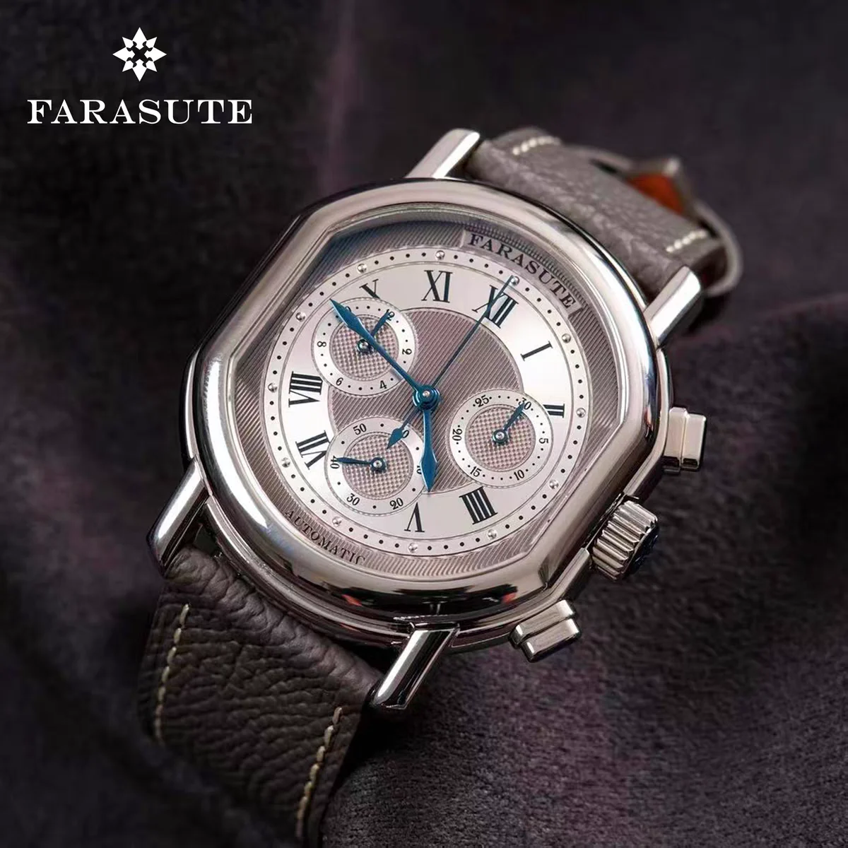FARASUTE ساعة كرونوغراف للرجال 38 ملم ساعة يد ميكانيكية أوتوماتيكية مرآة الياقوت 5ATM الطاووس 4801 نوافذ ثلاثية