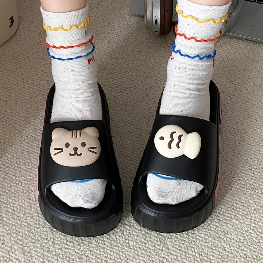 

New cute kitty fish chunky slides women summer open toe slippers ladies high heels anti skid clogs slipper indoor ourdoor woman
