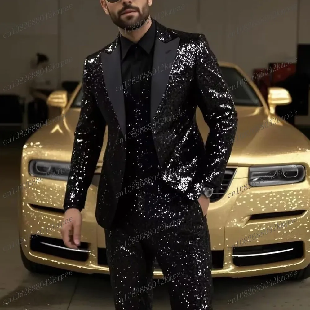 New Black Sequin Formal Men Suit Wedding Party Prom Business Groom Groomsman Male Tuxedos 3 Piece Set Blazer Vest Pants