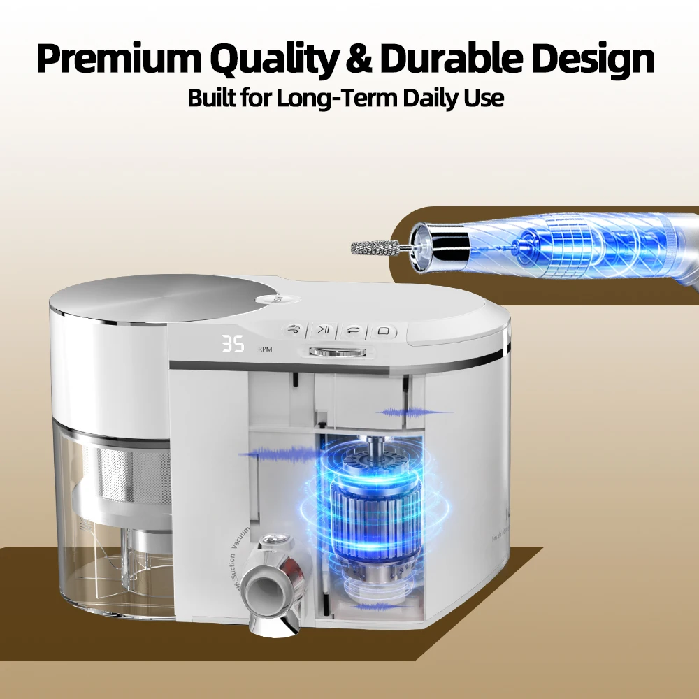 Professional 2 in 1 Nail Drill and Dust Collector 200W Brushless 35000RPM 12KPa Vacuum E-file for Professional Salon Use