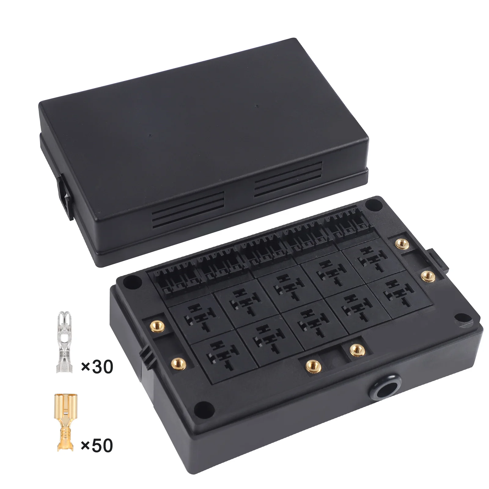 CNSPEED 10 Way Car Relay Box 12V Fuse Box 15 Way Blade Fuse Holder Black Plastic For Car Marine SUV Truck With Copper Terminals