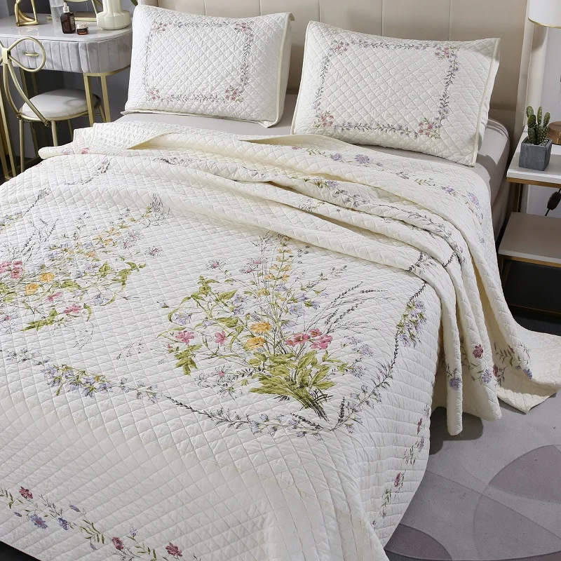 CHAUSUB Natural Print Cotton Quilt Set 3PCS Bedspread on Bed Embroidered Coverlet Super King Size Comforter Blankets for Bed