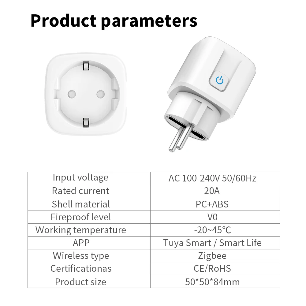 Zigbee Smart Socket EU Plug 20A Adapter Power Monitor Tuya Smart Life APP Remote Control Collaborates with Alexa Google Home