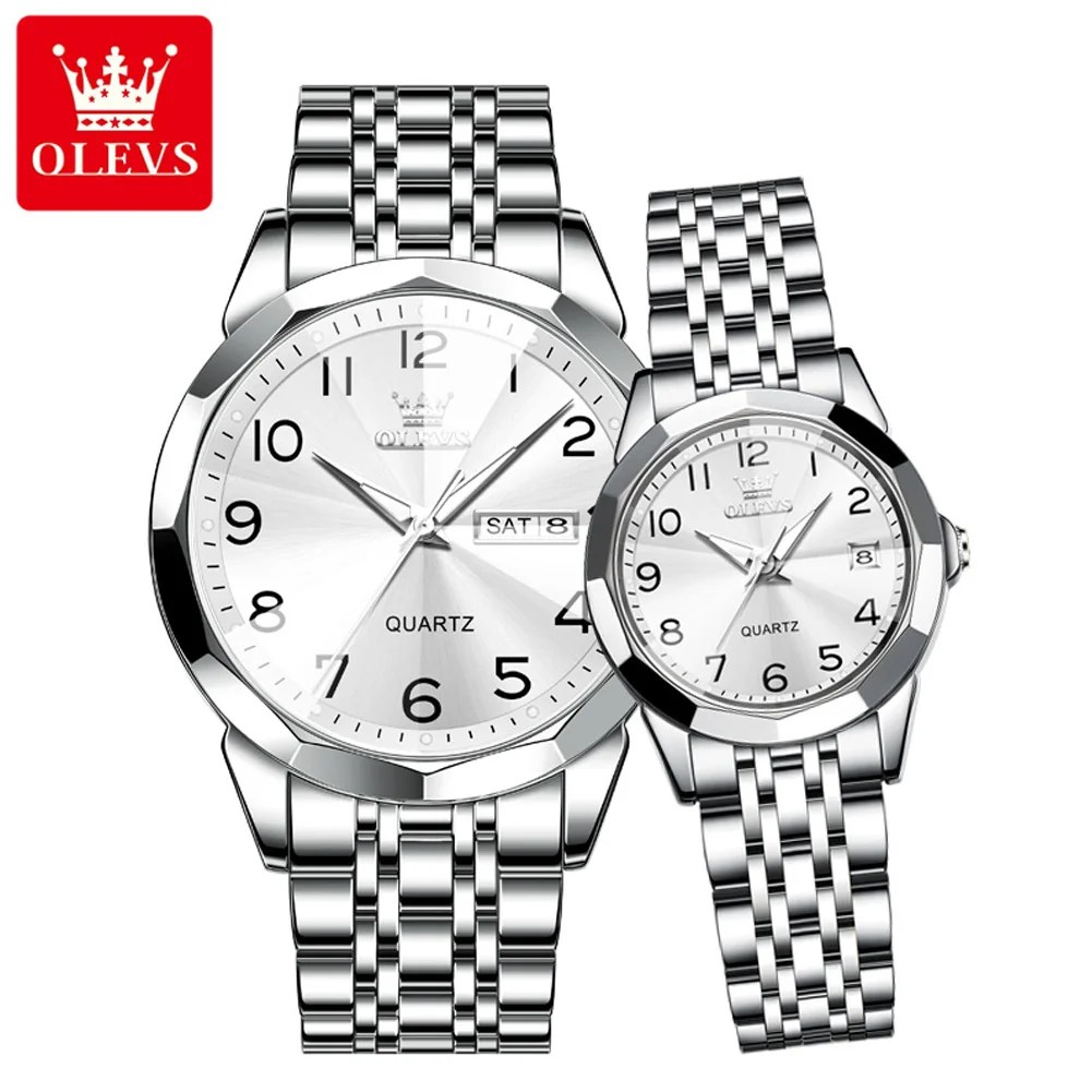 OLEVS-reloj de cuarzo con diseño de rombos para hombre y mujer, cronógrafo de acero inoxidable, resistente al agua, luminoso, para pareja