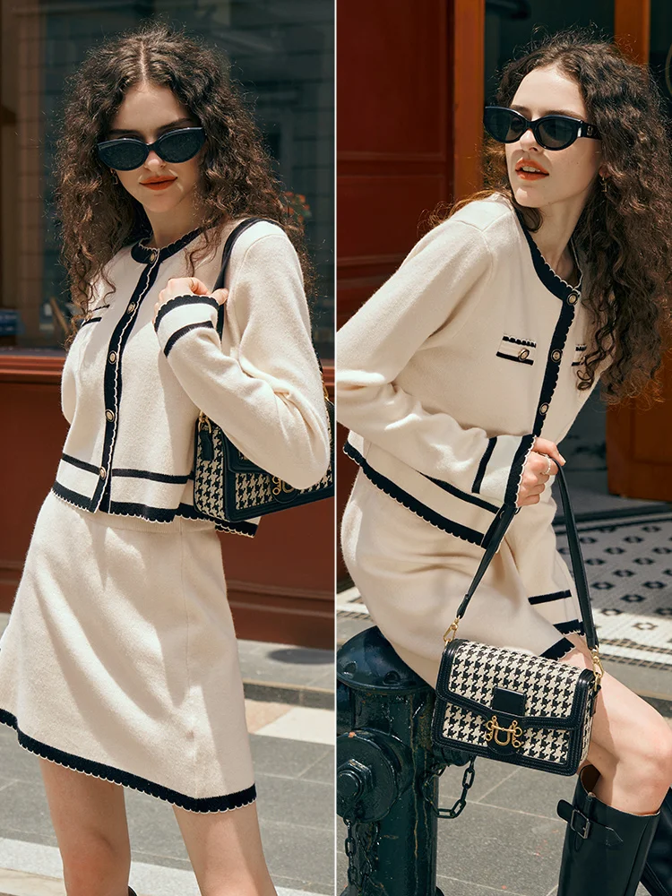 

OLrain Women Knit Skirt Sets 2025 Autumn Apricot Contrast Color Long Sleeve Elegant Mini Skirt 2 Piece Sets For Women N56QE68385