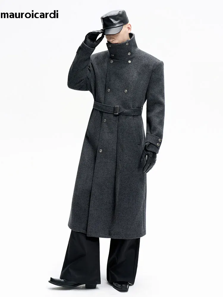 

Mauroicardi Autumn Winter Long Warm Wool Blends Coat Men Belt Double Breasted Elegant Chic Luxury British Style Woolen Overcoat