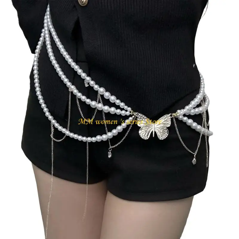 Q39C Stylish Waist Chain Artificial Pearls Tassels Long Necklace Multilayer Beaded Chain Belt For Women Daily and Formal Wear
