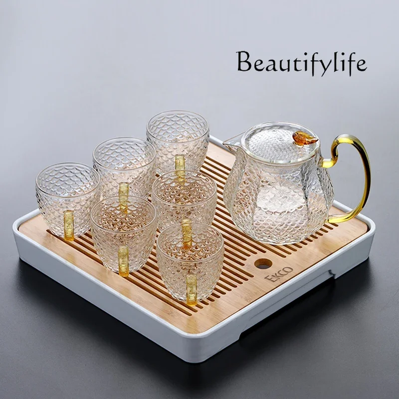 Fish Pattern Cup Set 7-Piece Glass Tea Set High Temperature Resistant Household Glass Kung Fu Tea Set