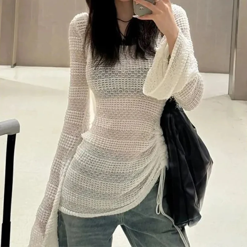 Rimocy Bell-Bottomed Sleeve White Sweater Women Hollow Out Drawstring Sun Protection Top Woman Long Sleeve Y2K Jumpers Female