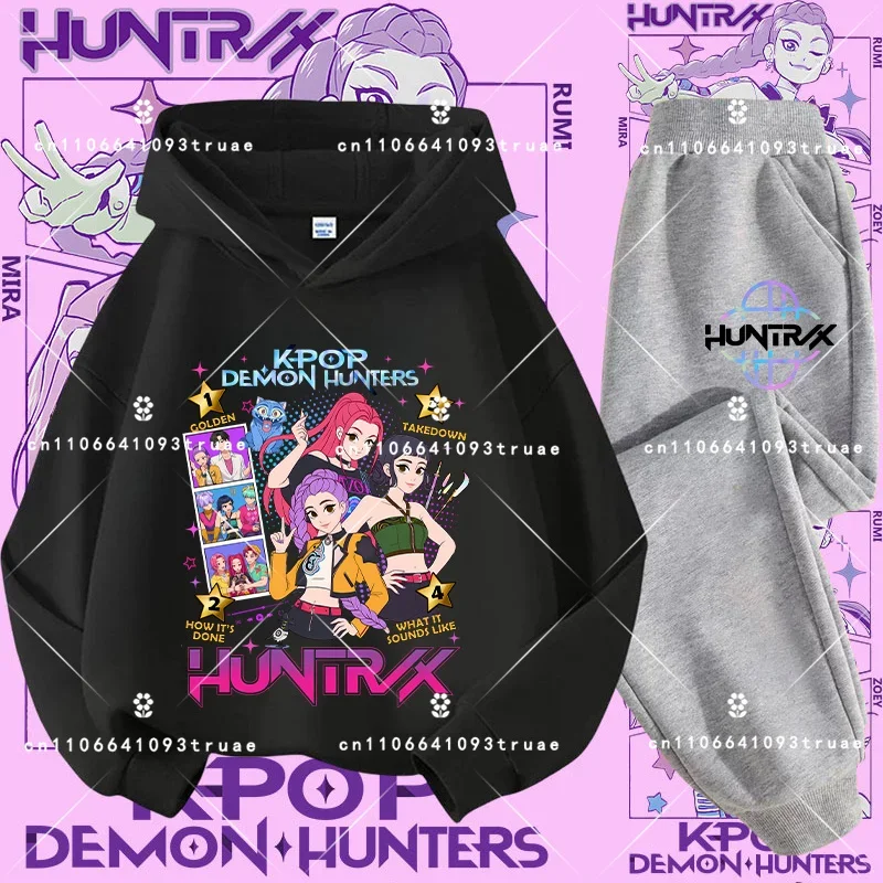 2026 KPop شيطان الصيادين الاطفال هوديي مجموعة الفتيان في سن المراهقة الفتيات هودي بلوزات مع السراويل رياضية ملابس الخريف للأطفال 2 قطعة