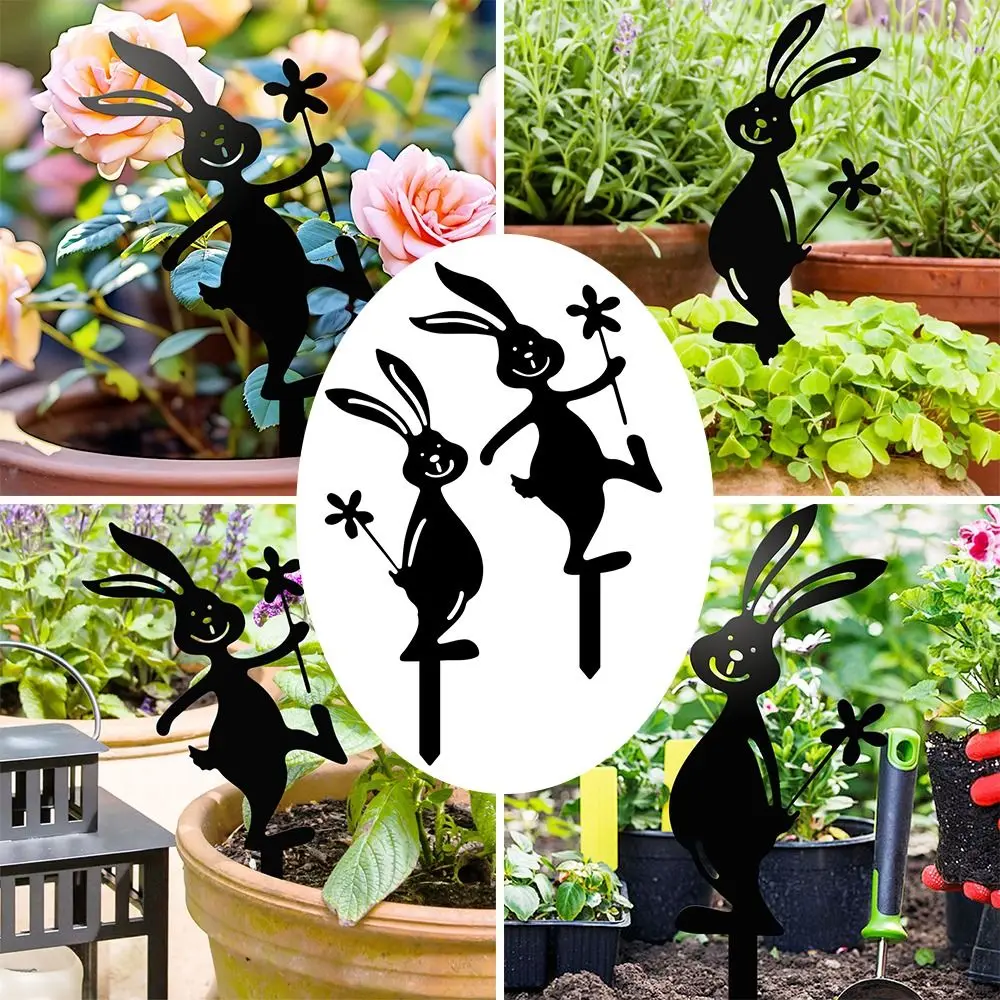 Creative Iron Rabbit Garden Stakes Cartoon Rabbit Yard Art Outdoor Bunny Panel Accessories DIY Garden Stake Decoration