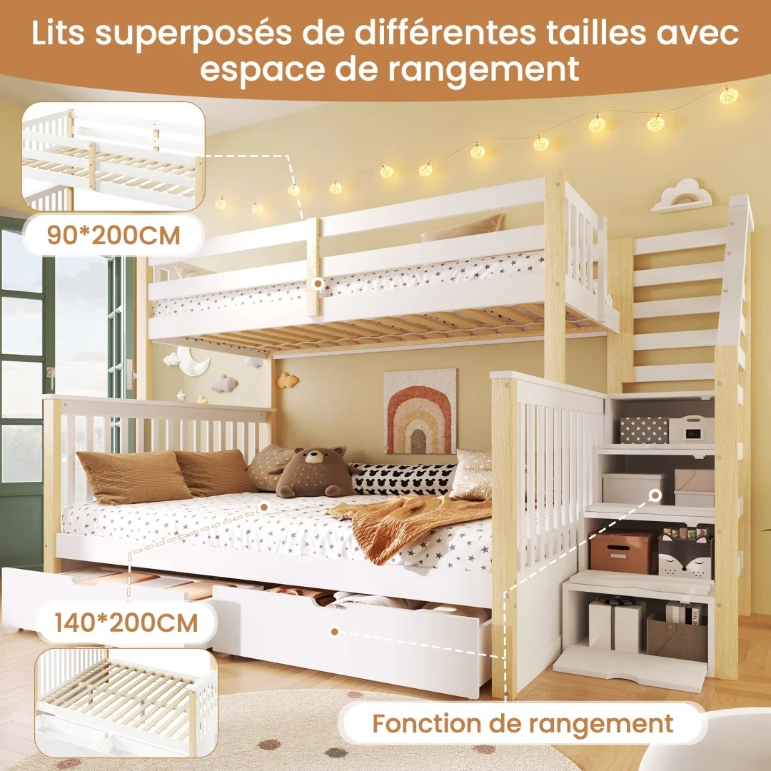 Lit double avec tiroirs, espace de rangement, sans matelas, cadre de lit multifonctionnel, escalier. Lit d'enfant. Blanc + naturel 90×200cm et 140×200cm