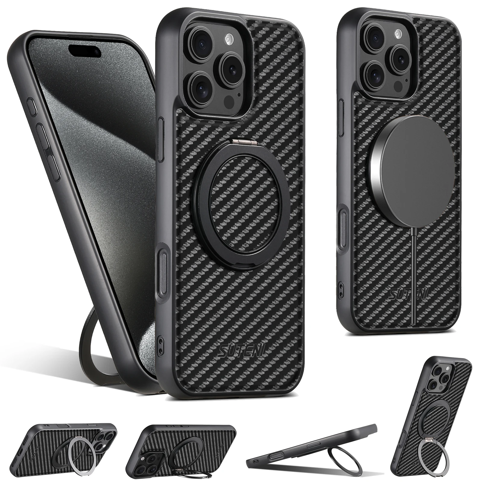 Magnetisches kabelloses Lade-Handygehäuse 360 °   Drehbarer Ständer mit Kunstleder-Ringschnalle für iPhone 18 Pro Max 17 16 Plus 15 14