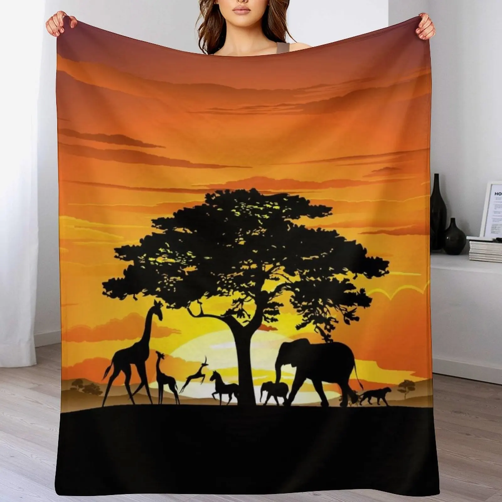 Wild Animals on African Savanna Sunset Throw Blanket Extra Large Throw Furry decorative Bed linens Blankets