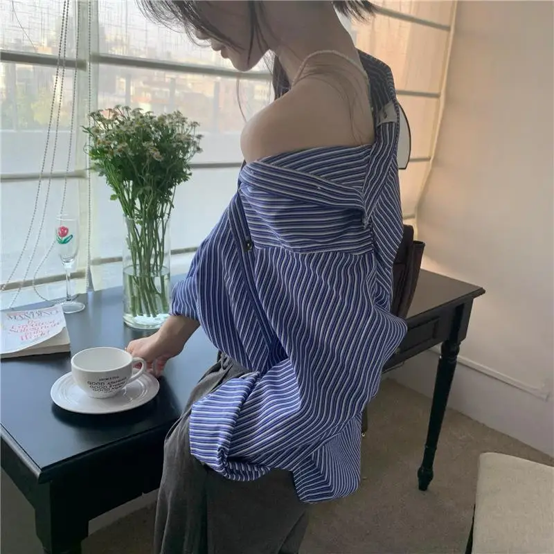 Women Striped Print Asymmetric Design Chic Streetwear Shirts Trendy Korean Style Sexy Off Shoulder Blouses Long Sleeve Loose Top