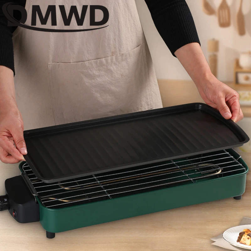 DMWD 1200W Home Electric Grill Indoor Smokeless Food Barbecue Grill Barbecue Baking Flat Pan Non-Stick BBQ Roasting Omelette Pan