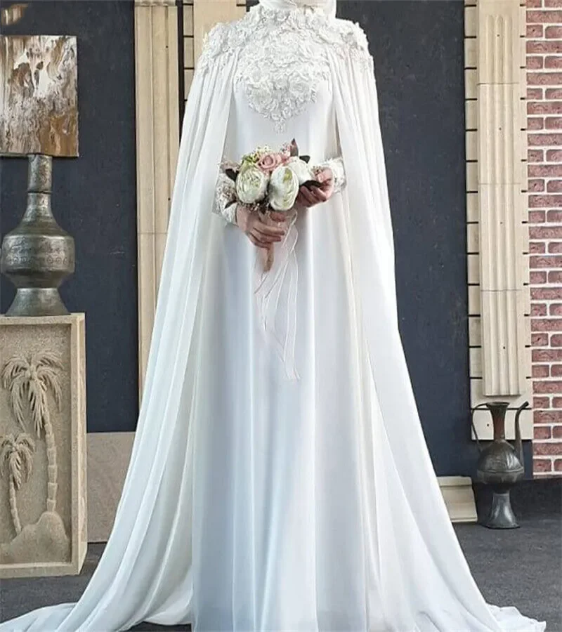 Witte moslim trouwjurk islamitische elegante cape bloemen kant kasteel bruidsjurken lange mouw chiffon Dubai Arabische bruid
