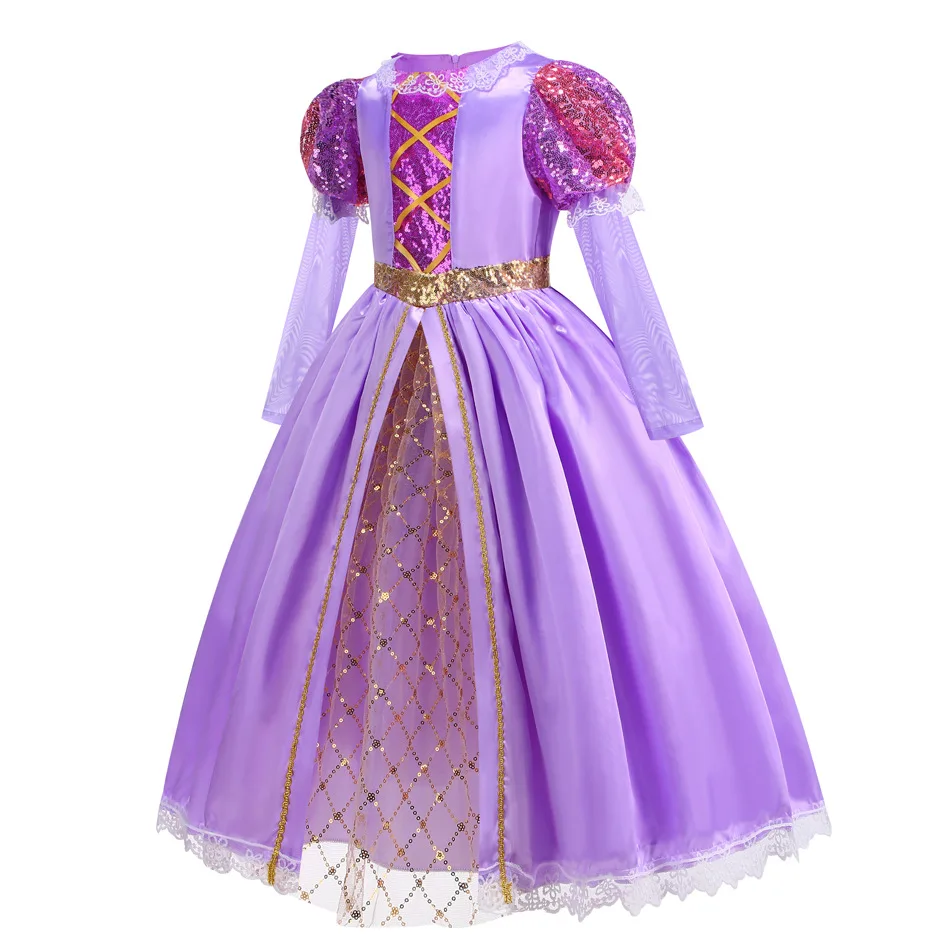 Disney Girls Cosplay Rapunzel Princess Dress for Kids Halloween Tangled Costume Birthday Party Purple Sequins Mesh Bow Clothes