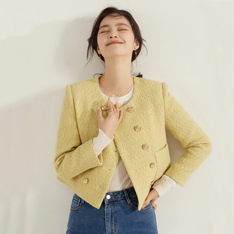 

Желтое короткое пальто с круглым вырезом и небольшим ароматом, женское модное двубортное свободное свободное офисное женское твидовое пальто с длинными рукавами