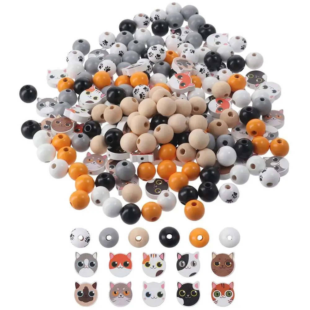 

16mm Cat Print Wood Beads Party Decoration Wood Round Wood Round Beads Cat Shape Polished Spacer Beads Jewelry Making