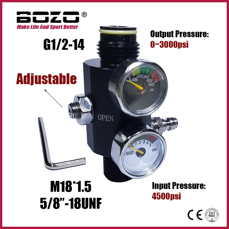 Regulador HPA ajustable, estación de llenado de válvula de aire neumática de doble calibre, salida regulada de 0 a 3000psi, M18 x 1,5, 5/8 \