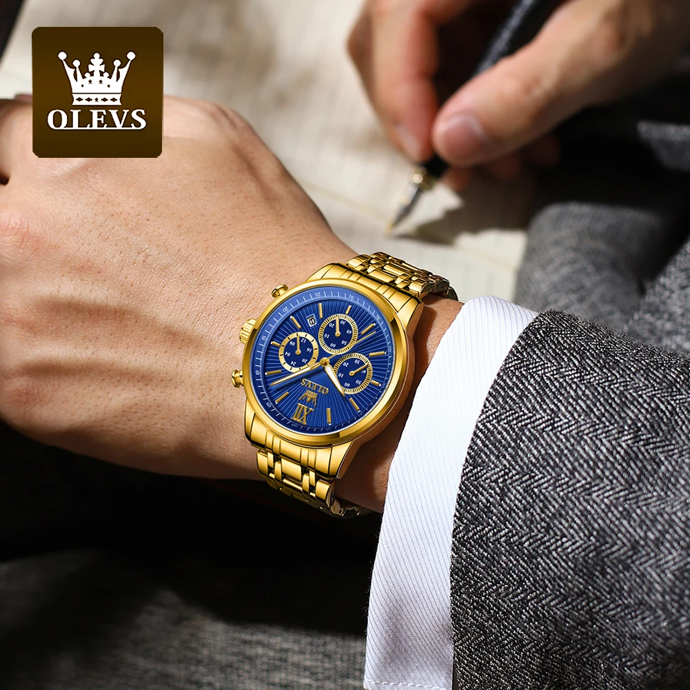 OLEVS Gold Blue Men\'s Watches Date Chronograph Small Dial Exclusive Design Luxury Business Waterproof Stainless steel Wristwatch