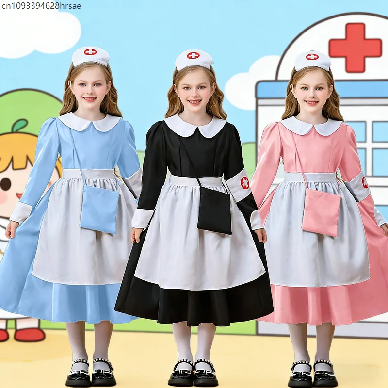 

Детский костюм медсестры, костюм врача, комплект горничной для девочек, сценический костюм, небесно-голубое праздничное платье с головным убором, повязкой на руку, фартуком