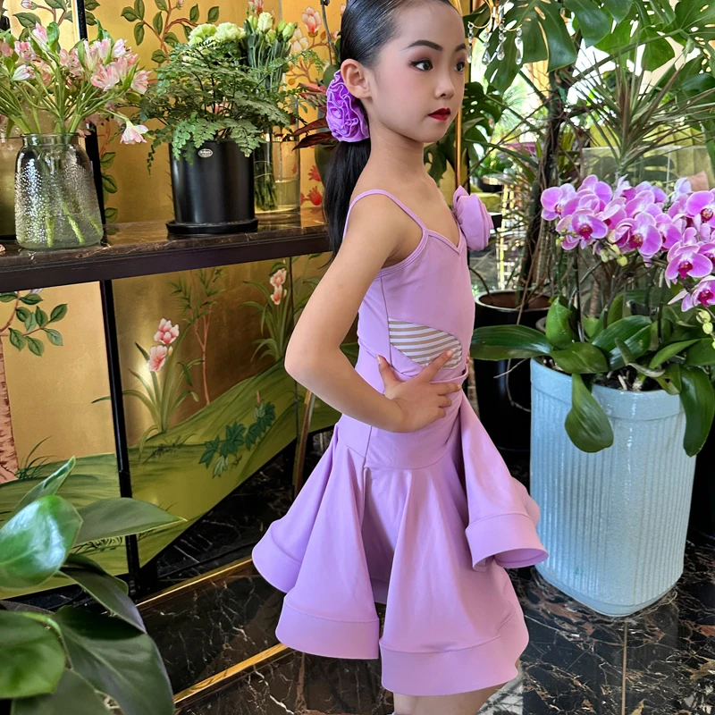 Girls Purple Latin Dance Professional Dress Kids Performance Dancing Clothes Chacha Tango Salsa Ballroom Dancewear SL8414